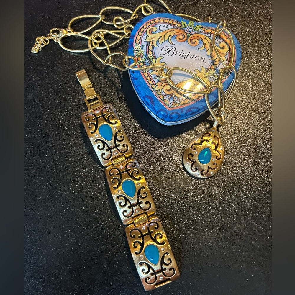 Brighton necklace & bracelet. Gold in color with turquoise & shiny rhinestones.
